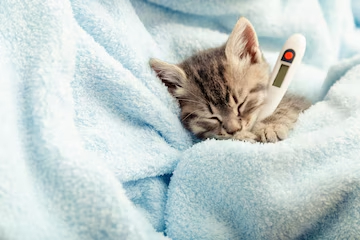 Gatito bebé envuelto en una manta con un termómetro